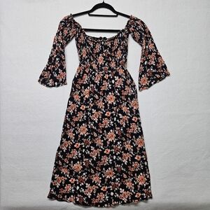 Kendall and Kylie Floral Smocked Dress Bell Sleeves Black 90s Grunge Romantic